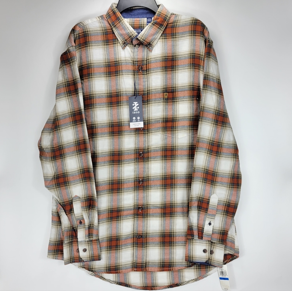 Izod Stratton Flannel Long Sleeve Button Front Shirt Mens XLT Tall Orange Beige